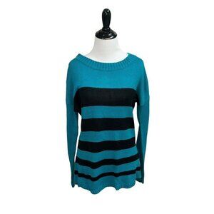 AGB Women's M Medium Knit Sweater Long Sleeves Striped Accent Buttons Turquoise